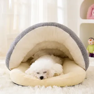 Semi-enclosed warm cat and dog bed with grey clouds fleece and plush lining