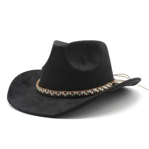 Detail of black wool cowboy hat featuring a handcrafted turquoise ethnic beaded band