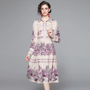 French vintage floral print midi dress with shirt collar and high waist design