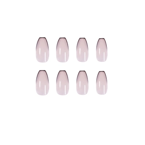 Nude pink coffin press-on nails with elegant black French tips and glossy finish