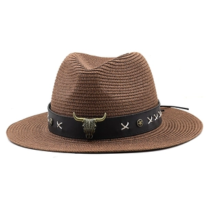 Brown Bohemian straw fedora hat with western bull skull leather band for outdoor sun protection