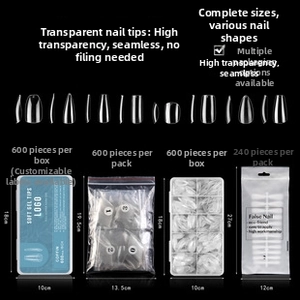 Detail of transparent stiletto nail tips in multiple packaging sizes and dimensions