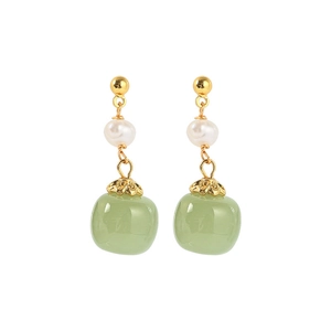 Vintage freshwater pearl and green jade drop earrings with elegant gold petal metal hooks