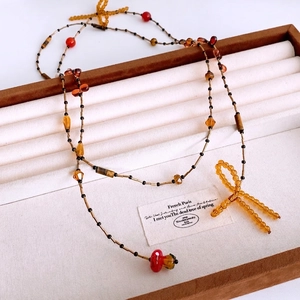 Agate Glass Beaded Necklace With Bow Mushroom Pendant Long Sweater Chain Vintage Bohemian Style Jewelry For Women