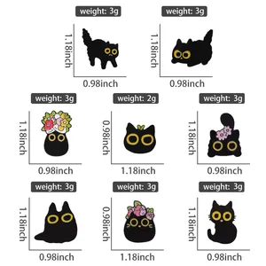 Detailed dimension chart showing size and weight for various cat enamel pins