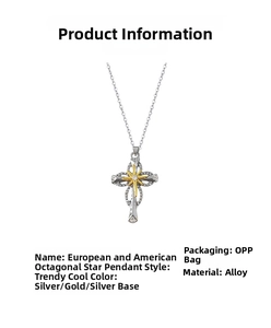 Detail view of alloy octagonal star cross pendant necklace with inset white rhinestones
