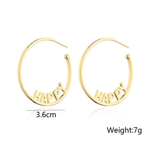 Minimalist 14K gold plated happy letter hoop earrings, 3.6cm diameter and 7g weight