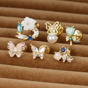 Boucles D'Oreilles Papillon Fleur Acier Inoxydable Zircon Künstliche Perle Coeur Sucette Fermoir À Vis Piercing Cartilage Femmes