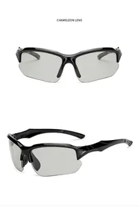 Detailed front and side view of black sports sunglasses with chameleon photochromic lenses