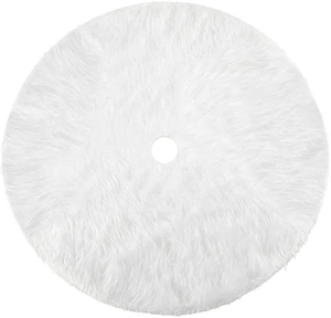 Close-up of white plush Christmas tree skirt showing faux fur texture and center opening