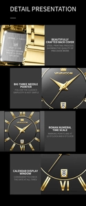 Close-up of gold steel watch case showing calendar window and 3ATM waterproof back