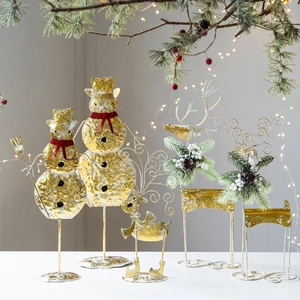 Christmas Metal Snowman Reindeer Tabletop Ornaments Gold Glitter Iron Festive Desktop Figurines With Pine Cone Berries Decor