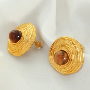 French vintage gold spiral earrings with inlaid brown tiger eye stones for women