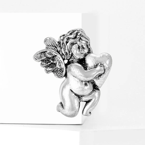 Silver angel wings brooch holding a heart, vintage metal jewelry pin for clothes