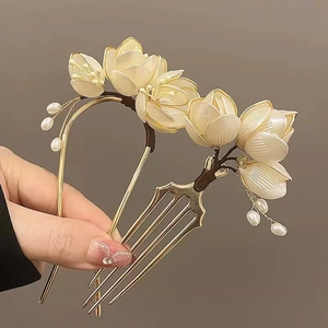 Pic À Cheveux Magnolia Blanc Épingle À Cheveux Fleur Vintage Avec Faux Künstliche Perle Alliage Résine Peigne Pour Hanfu Coiffe Traditionnelle