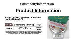Detailed size specifications for Christmas tin gift box with handle and Santa Claus motif