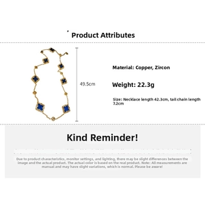 Detail view of gold clover necklace with zircon, showing 42.3cm length and 22.3g weight
