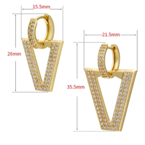 Gold V-shaped earrings with pavé crystals showing 15.5mm to 35.5mm size comparisons