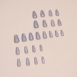 Cat eye grey-purple long coffin press-on nails set with metallic stripe texture