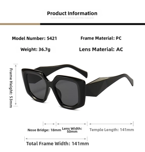 Detailed size chart and physical dimensions of irregular geometric black sunglasses