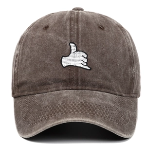 Washed cotton baseball cap in dark coffee with embroidered Shaka hand gesture sign