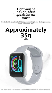 Lightweight smartwatch weighing about 35g with a grey silicone strap and sleek touch screen