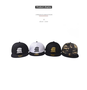 Collection of flat-brim hip hop caps with gothic letter embroidery in four color variants