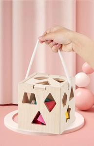 Close-up of wooden shape sorter box with colorful blocks and portable cotton handle