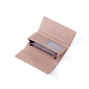 Detail view of pink PU leather long wallet showing multi-card slots and photo window