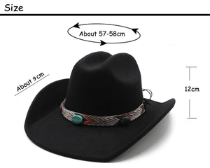 Size guide for black wool felt western hat showing 9cm brim and 12cm crown height