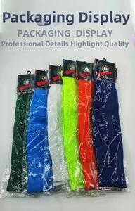 Detailed packaging display of six colors of children's thick football socks with hangers