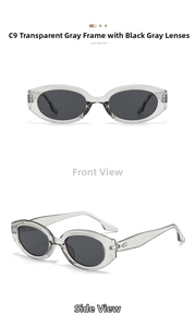 Detail view of oval cat-eye sunglasses in translucent grey with high-quality lenses