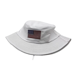 White cotton bucket hat with American flag embroidery and adjustable windproof strap