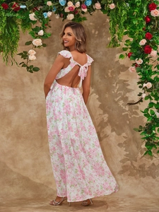 Rosa Maxikleid mit Blumendruck und rückenfreiem Design, eleganter V-Ausschnitt für Damen