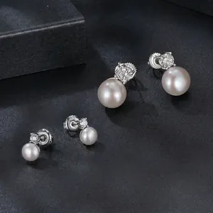 Elegant S925 sterling silver stud earrings with moissanite and round white freshwater pearls
