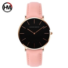 Detail of Hannah Martin watch with pink leather strap and rose gold stainless steel case