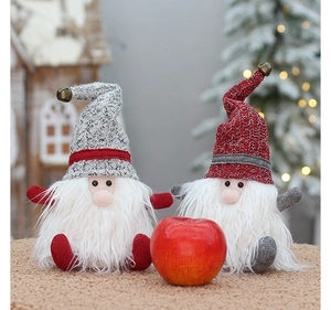 Detail of Christmas gnome dolls with knit hats, faux fur beards, and small bells for decor