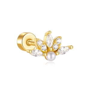 Macro shot showing S925 hallmark on gold geometric flower earring with pearl and zircon