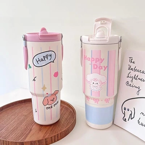 Insulated Tumbler Stainless Steel Vacuum Flask With Handle Straw Dual Drinking Lid Cute Cartoon Portable Travel Cup