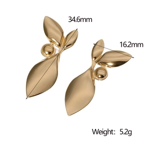 18k gold plated stainless steel leaf earrings with product dimensions 34.6mm x 16.2mm