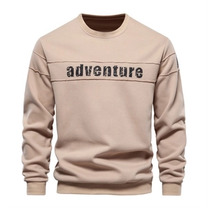 Casual khaki round neck sweatshirt with adventure print and ribbed cuffs for men