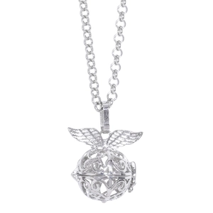 Retro silver locket necklace with hollow filigree sphere and angel wings pendant
