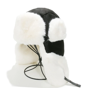 Mens thick winter trapper hat with black suede shell and white faux fur lining