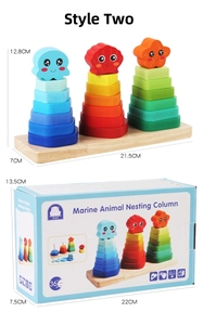 Detailed dimensions of wooden rainbow stacking rings and ocean animal themed pillars