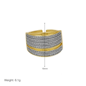 Detail view of two-tone gold and silver ring with cubic zirconia and 16mm height specs