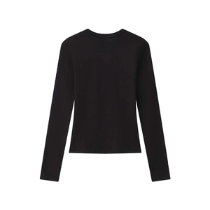 Rear view detail of black modal stretch slim fit long sleeve top with hourglass waist cut