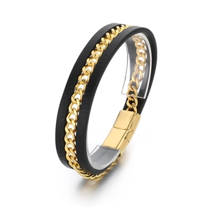 Men's triple-layer black microfiber leather woven bracelet with gold magnetic buckle