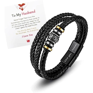 Detailed view of braided leather men's bracelet with heart message card for husband