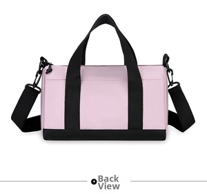 Back view of a pink and black nylon travel bag with heavy-duty straps and metal hooks