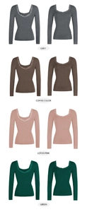 Dettaglio opzioni colore per maglia a coste a maniche lunghe in grigio, caffè, rosa e verde